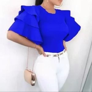 Ruched Sleeve Crew Neck Shirt - Blue 1X/2X